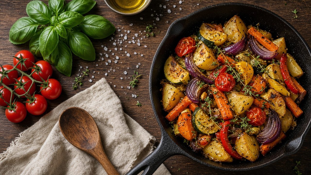 Overhead view of a cast-iron skillet of roasted vegetables beside fresh basil and vine tomatoes on a wooden table